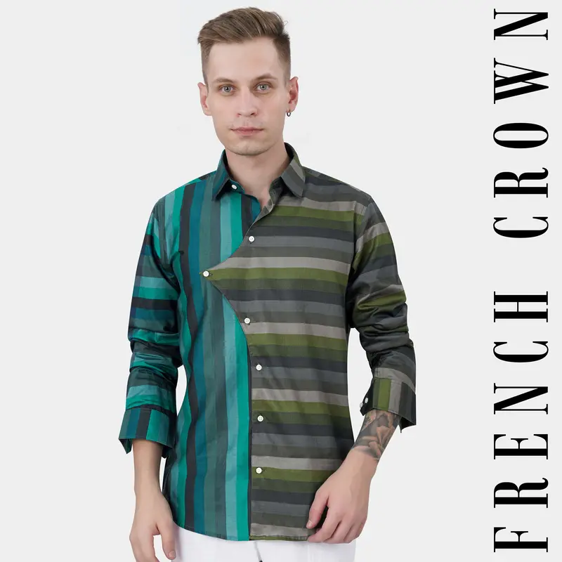Cactus Green And Genoa Blue Striped Subtle Sheen Super Soft Premium Cotton Designer Shirt 1