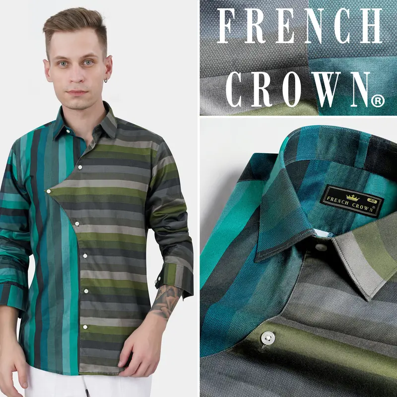 Cactus Green And Genoa Blue Striped Subtle Sheen Super Soft Premium Cotton Designer Shirt 10
