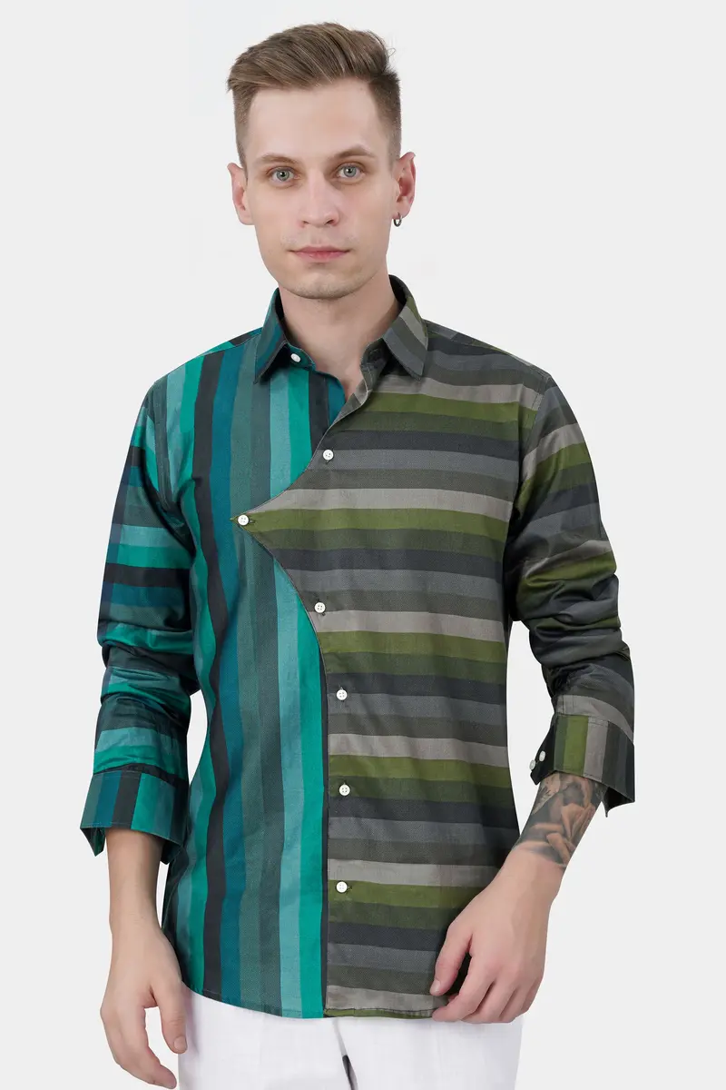 Cactus Green And Genoa Blue Striped Subtle Sheen Super Soft Premium Cotton Designer Shirt 2