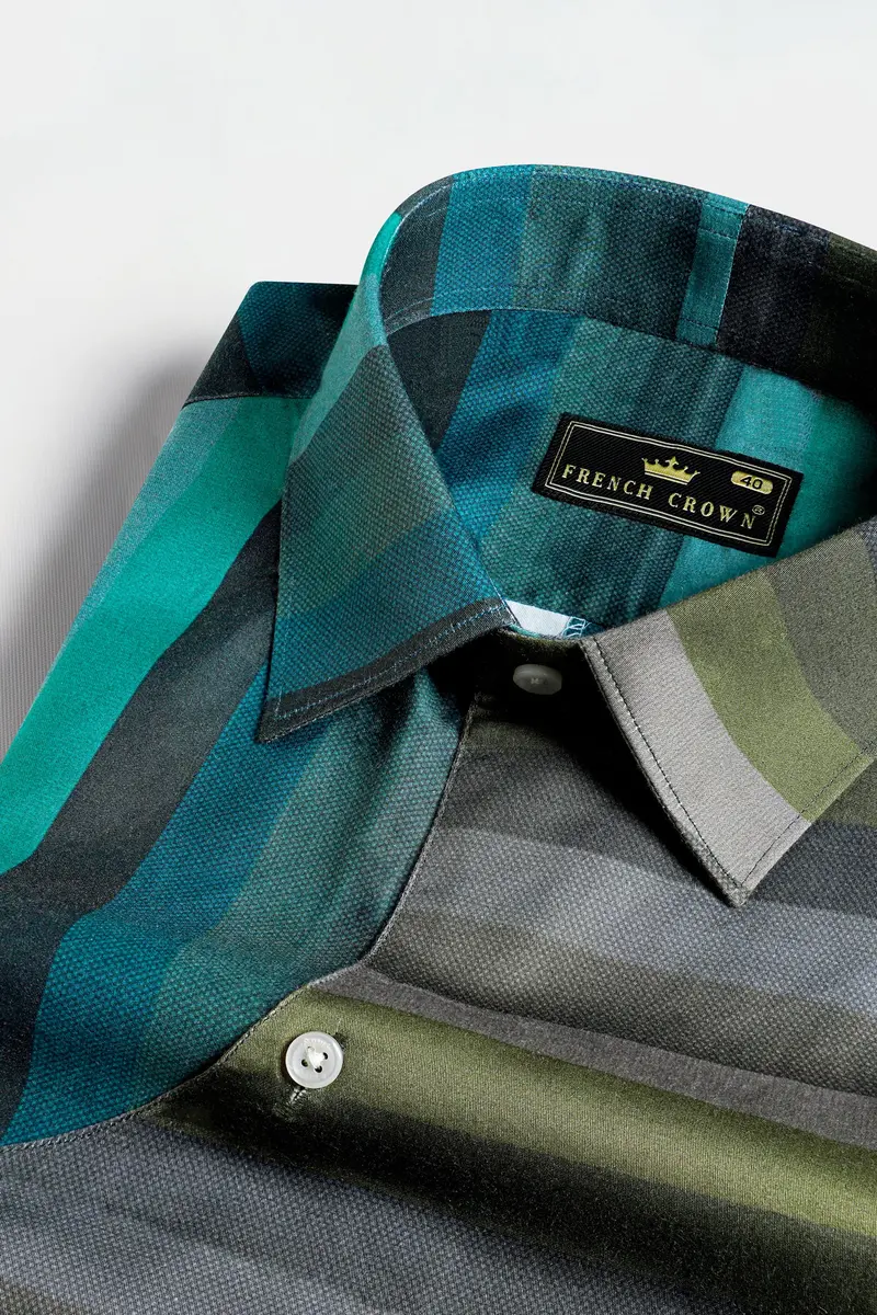 Cactus Green And Genoa Blue Striped Subtle Sheen Super Soft Premium Cotton Designer Shirt 4