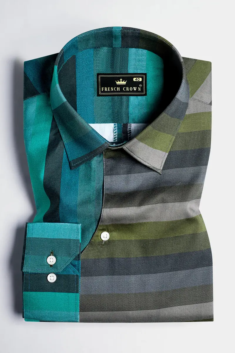 Cactus Green And Genoa Blue Striped Subtle Sheen Super Soft Premium Cotton Designer Shirt 5
