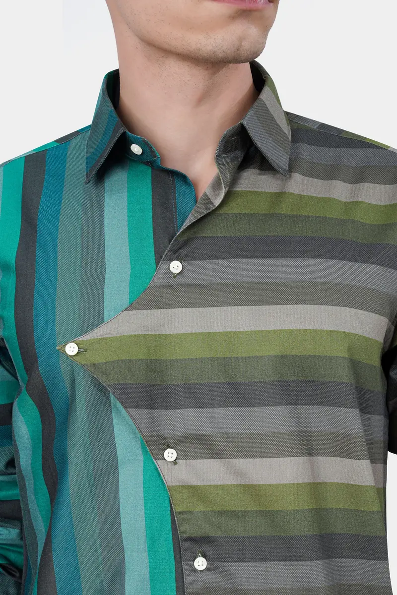 Cactus Green And Genoa Blue Striped Subtle Sheen Super Soft Premium Cotton Designer Shirt 6