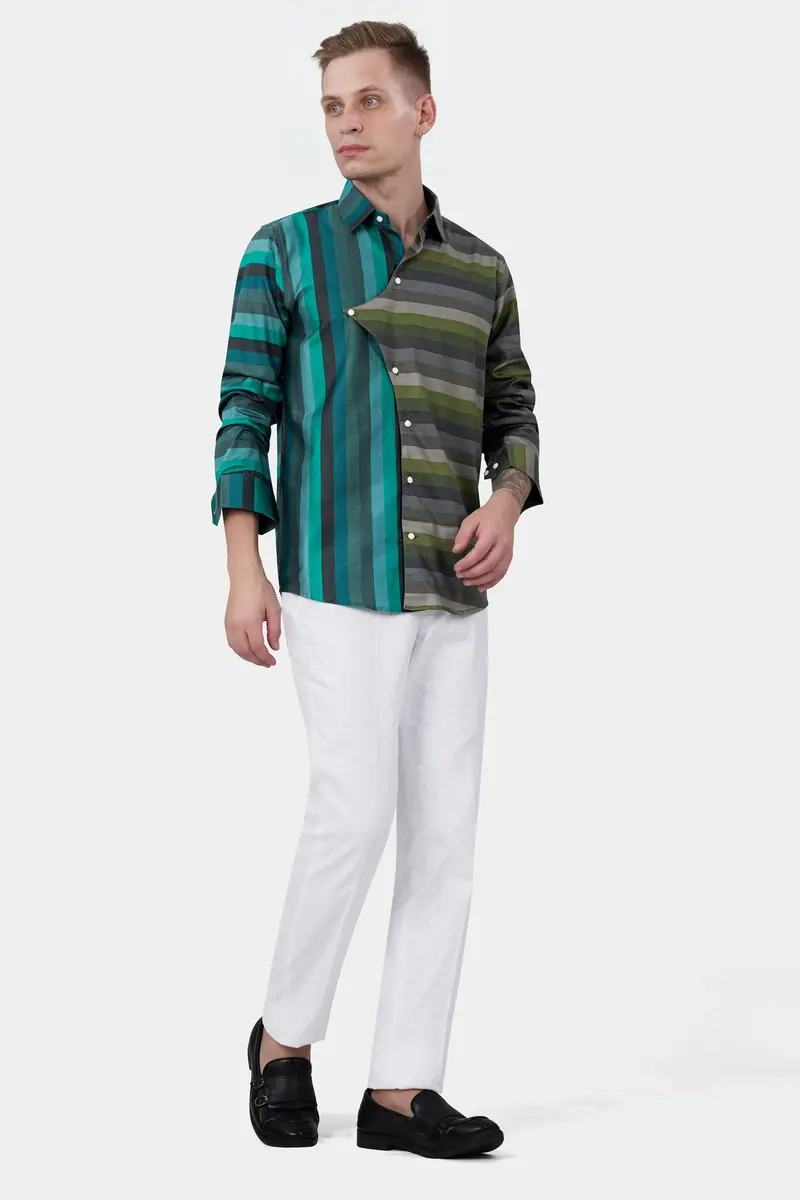 Cactus Green And Genoa Blue Striped Subtle Sheen Super Soft Premium Cotton Designer Shirt 7