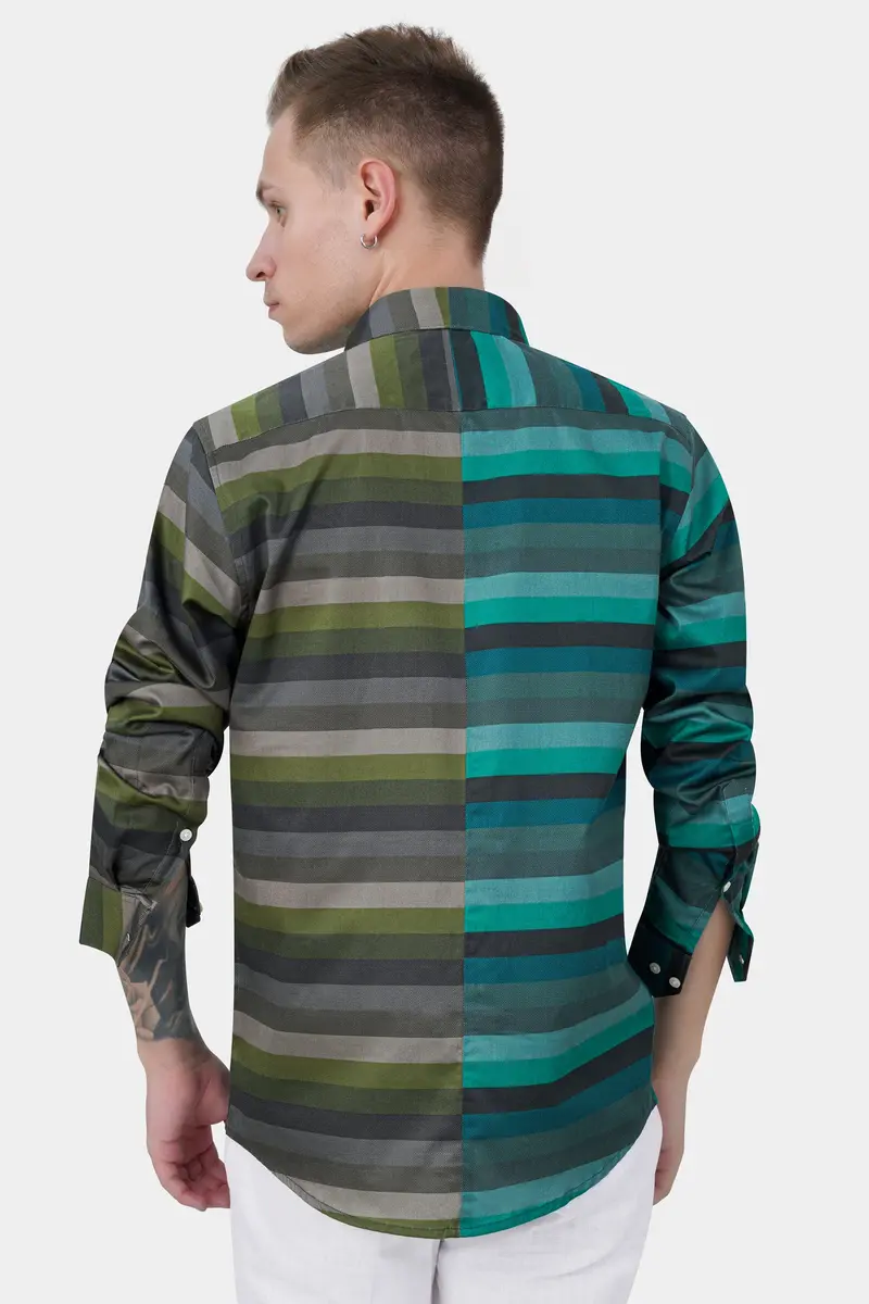 Cactus Green And Genoa Blue Striped Subtle Sheen Super Soft Premium Cotton Designer Shirt 8