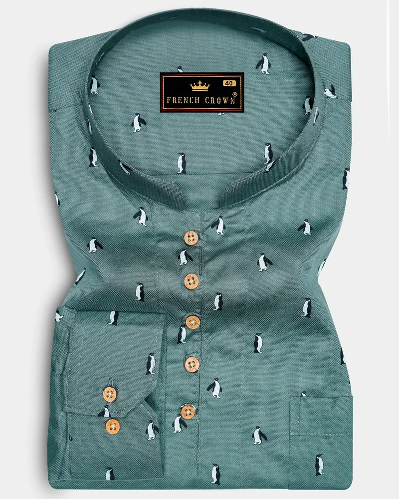 Cactus Green Penguin Printed Dobby Premium Giza Cotton Kurta Shirt 1