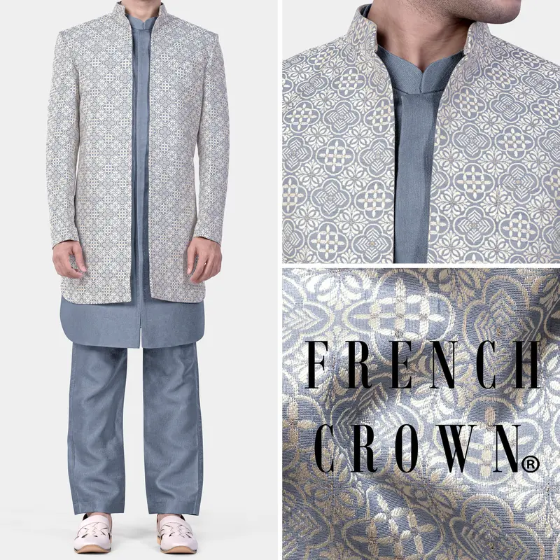 Cadet Blue And White Moroccan Jacquard Textured Designer Indo-Western 1