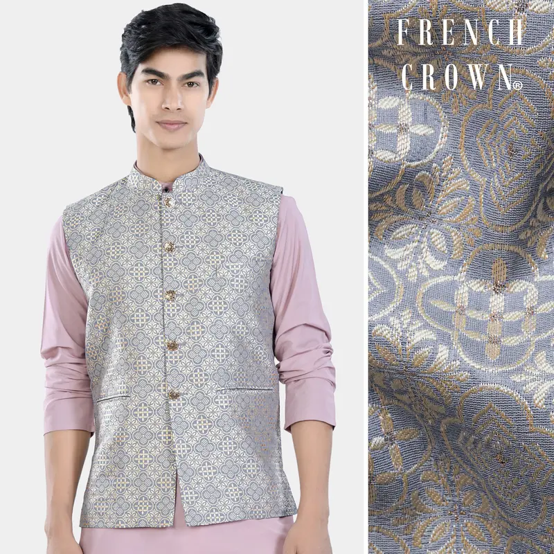 Cadet Blue And White Moroccan Jacquard Textured Designer Nehru Jacket 1