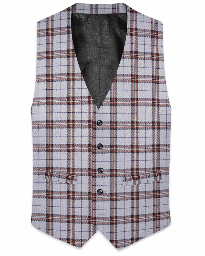 Cadet Gray With Maroon And Blue Plaid Tweed Waistcoat 1