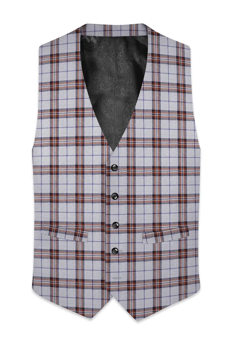 Cadet Gray With Maroon And Blue Plaid Tweed Waistcoat 2
