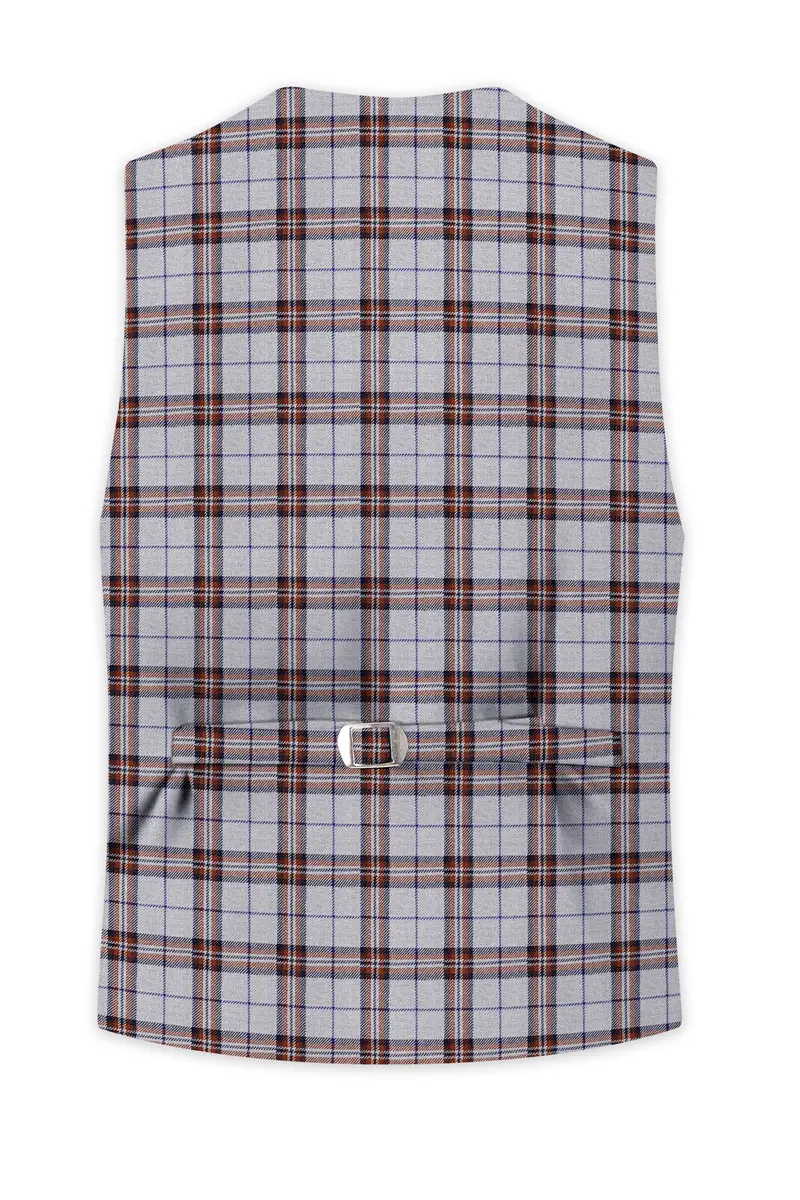 Cadet Gray With Maroon And Blue Plaid Tweed Waistcoat 4