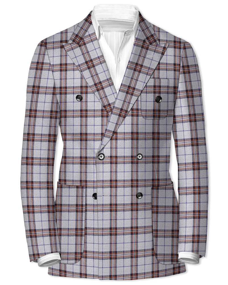 Cadet Grey With Maroon And Blue Plaid Double Breasted Tweed Blazer 1