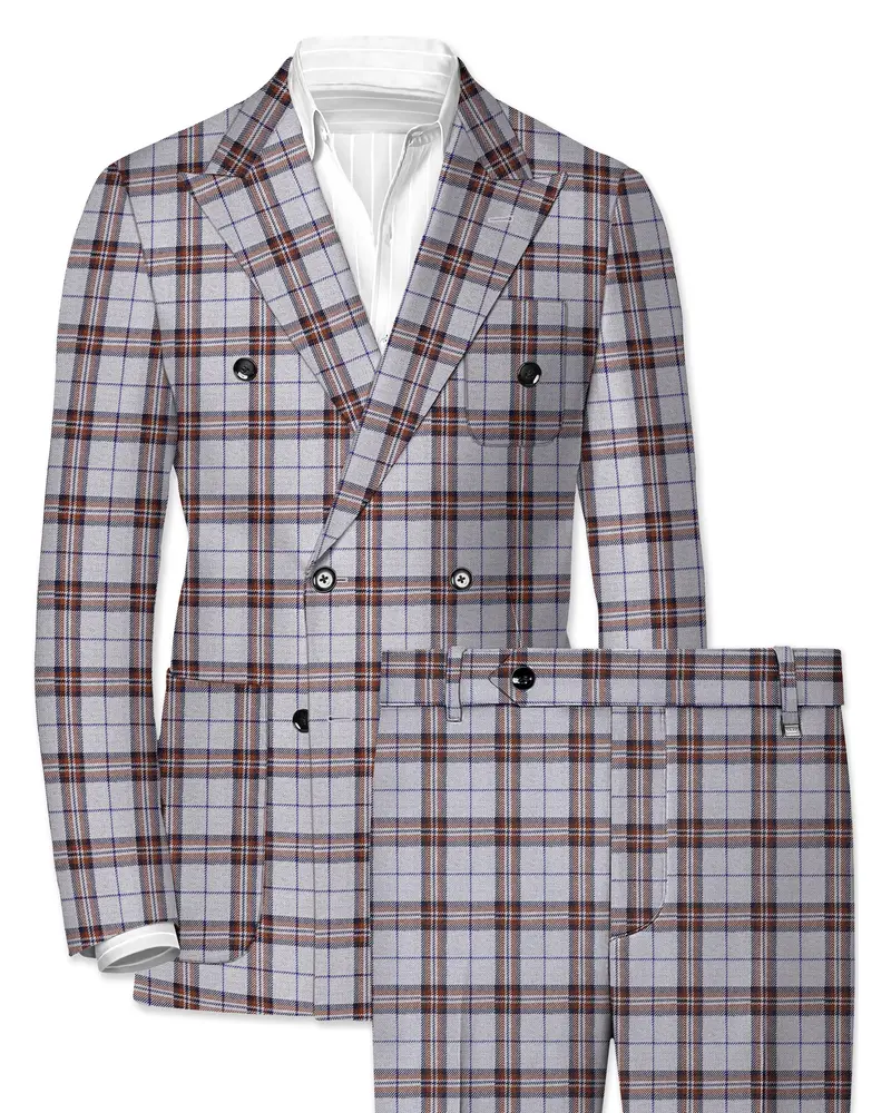 Cadet Grey With Maroon And Blue Plaid Double Breasted Tweed Suit 1