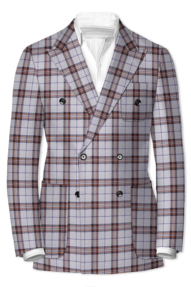 Cadet Grey With Maroon And Blue Plaid Double Breasted Tweed Suit 10