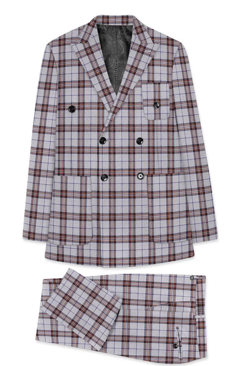 Cadet Grey With Maroon And Blue Plaid Double Breasted Tweed Suit 11
