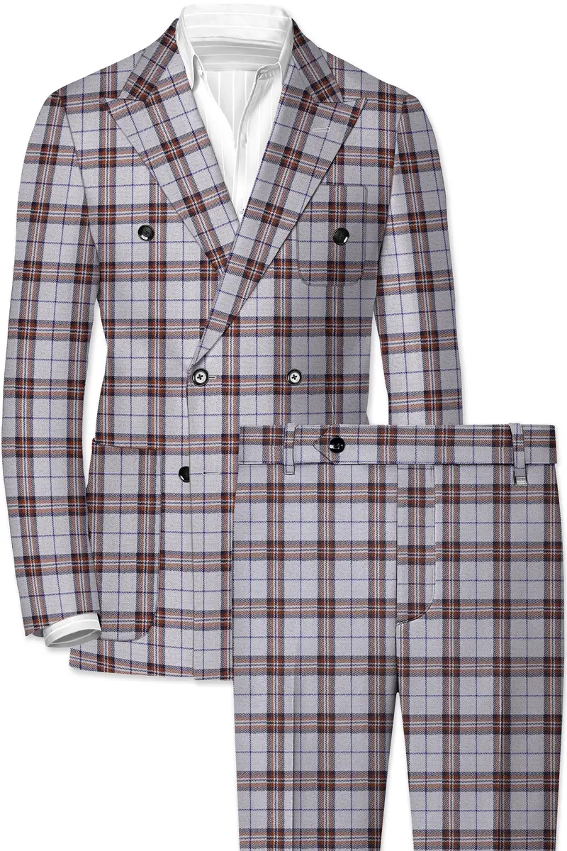 Cadet Grey With Maroon And Blue Plaid Double Breasted Tweed Suit 2