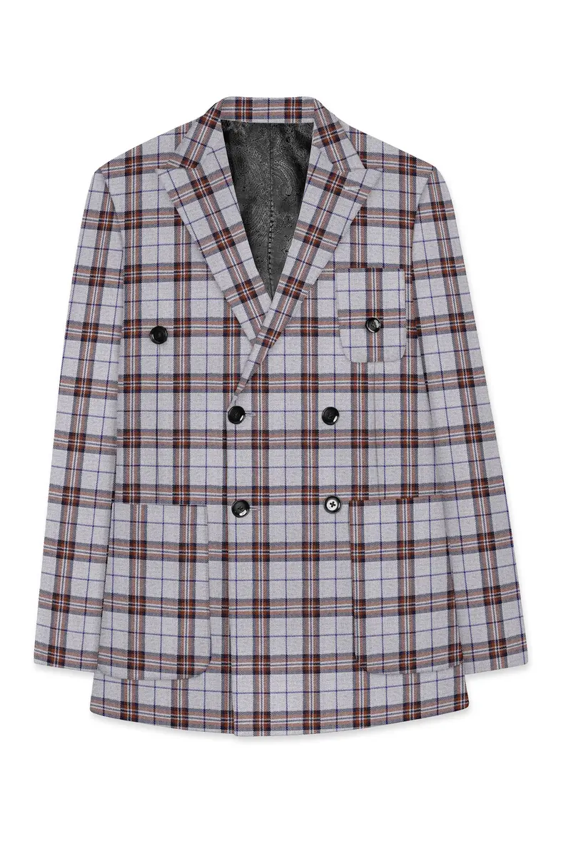 Cadet Grey With Maroon And Blue Plaid Double Breasted Tweed Suit 8