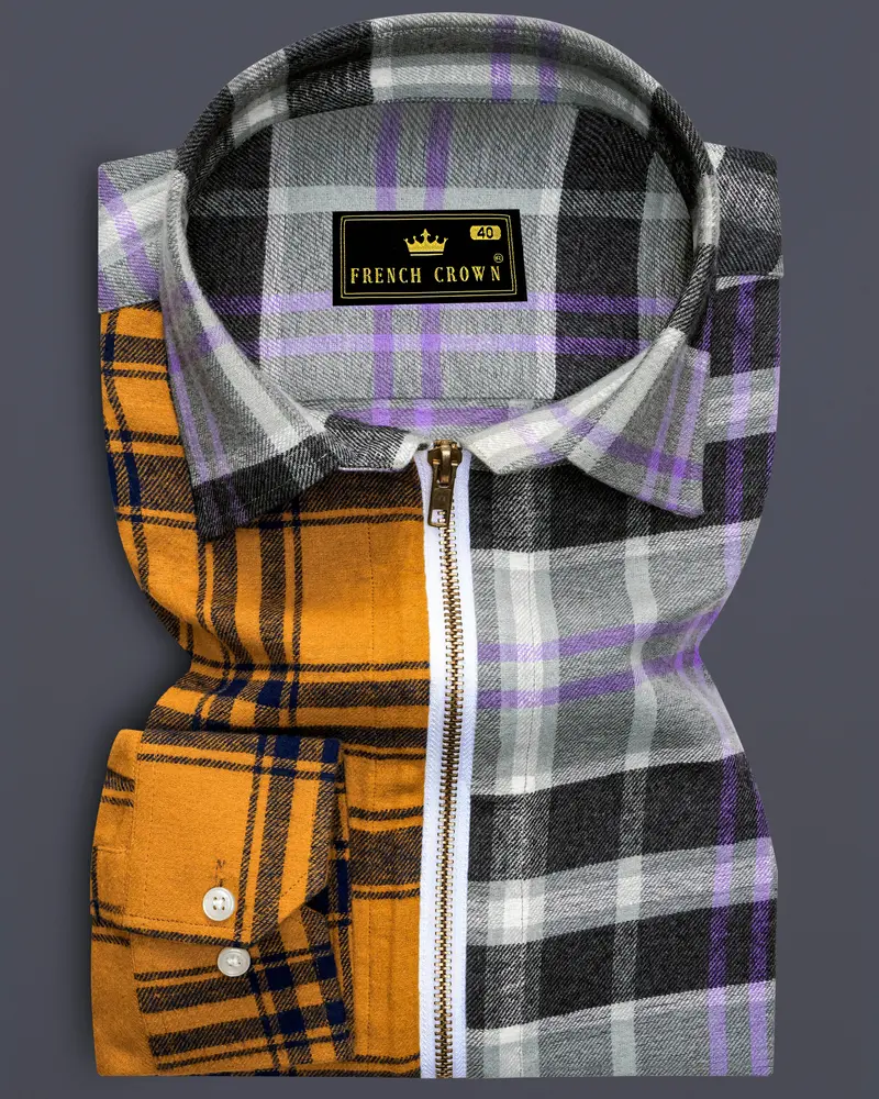 Cadmium Brown With Aluminium Gray Plaid Flannel Designer Overshirt/Shacket 1