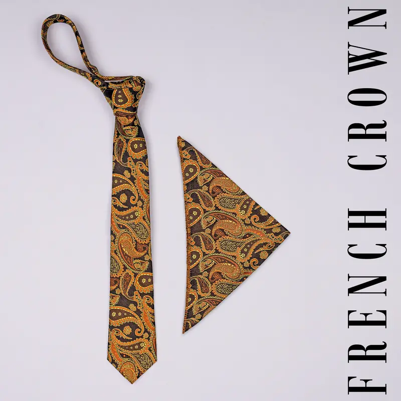 Cadmium Orange With Cafe Noir Brown Paisley Jacquard Tie With Pocket Square 1