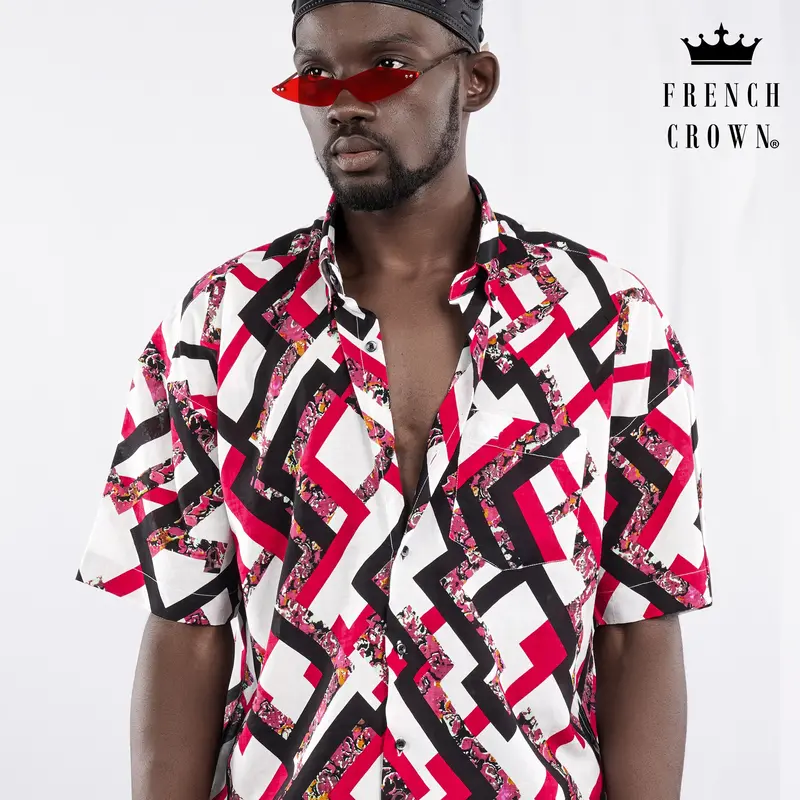 Cadmium Red With White And Black Funky Printed Lightweight Oversized Premium Cotton Shirt 1