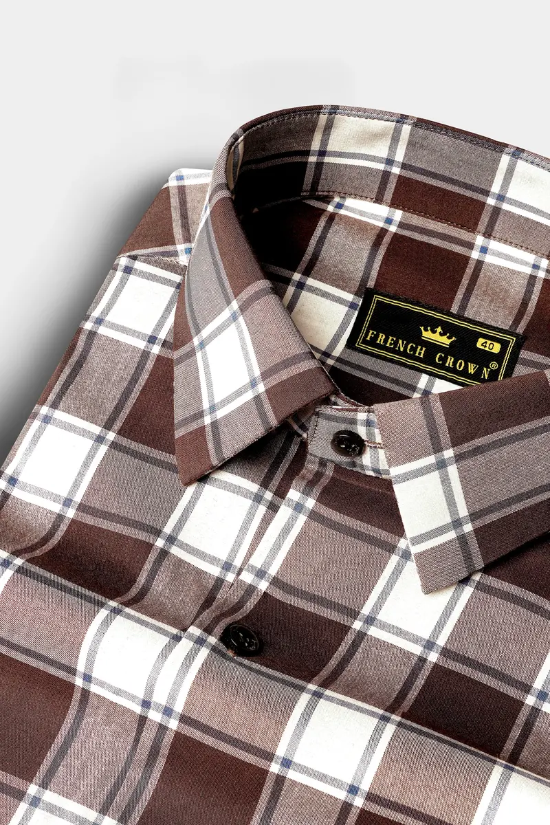 Café Noir And Bright White Plaid Giza Cotton Shirt 1
