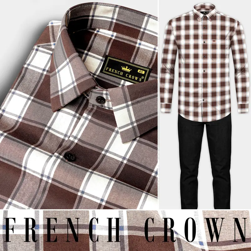 Café Noir And Bright White Plaid Giza Cotton Shirt 10