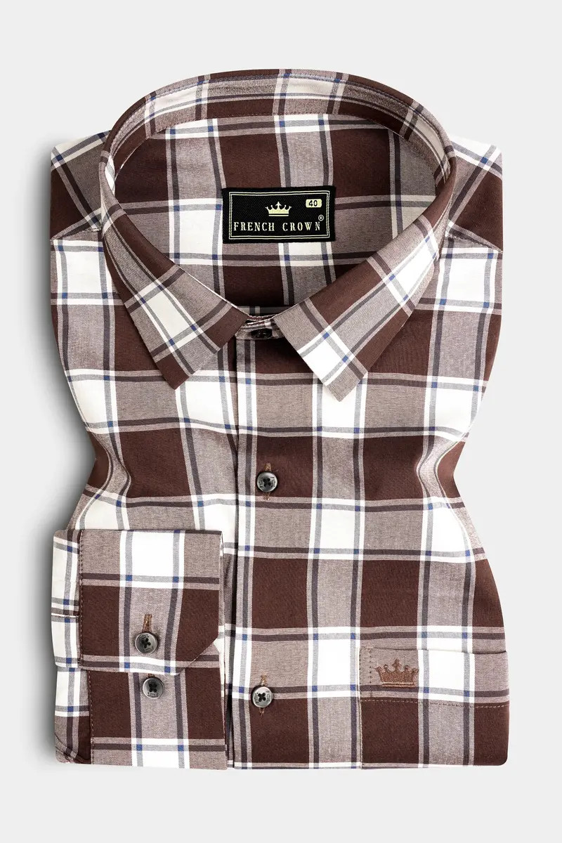 Café Noir And Bright White Plaid Giza Cotton Shirt 3