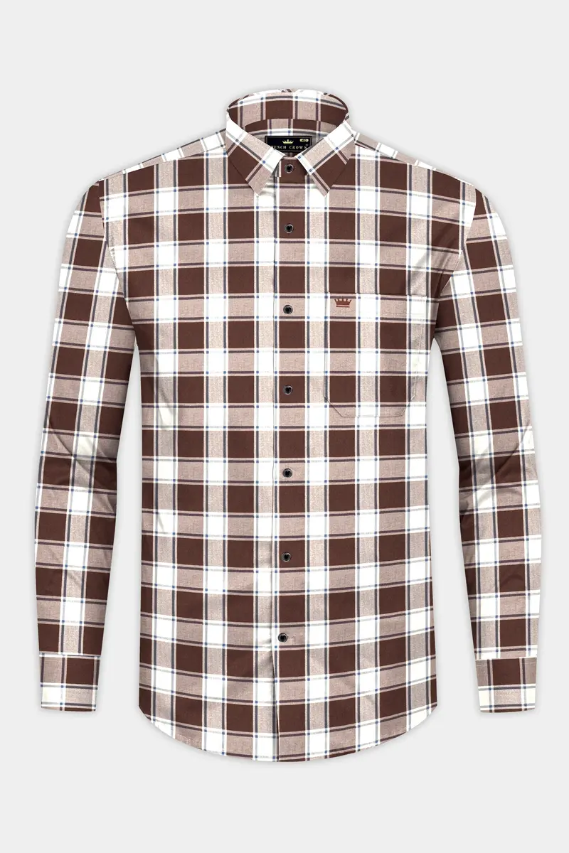 Café Noir And Bright White Plaid Giza Cotton Shirt 4