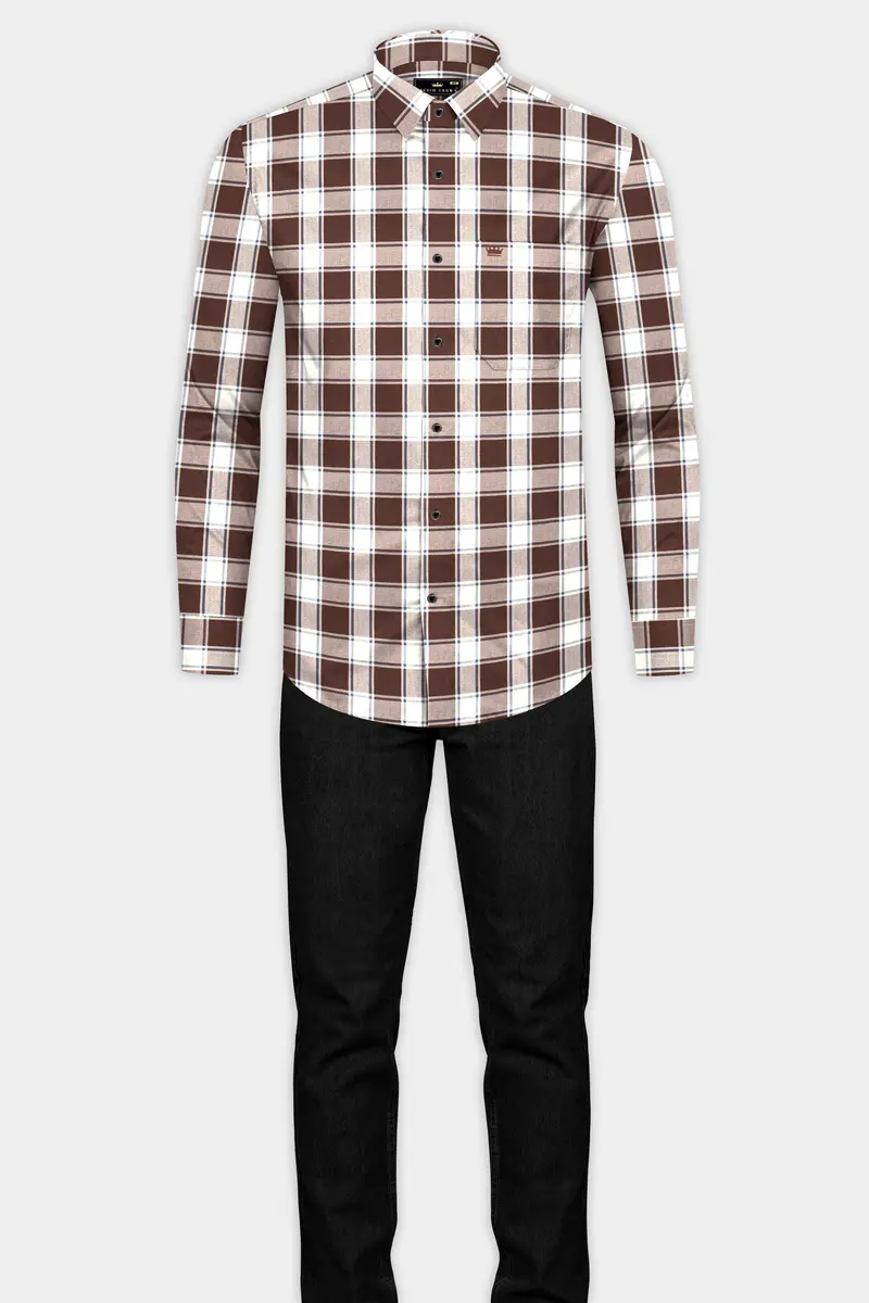Café Noir And Bright White Plaid Giza Cotton Shirt 6