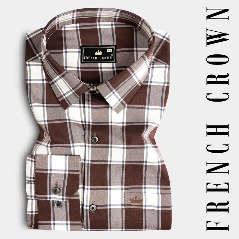 Café Noir And Bright White Plaid Giza Cotton Shirt 7