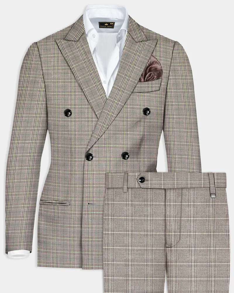 Café Noir Brown Plaid Wool Rich Double Breasted Suit 1