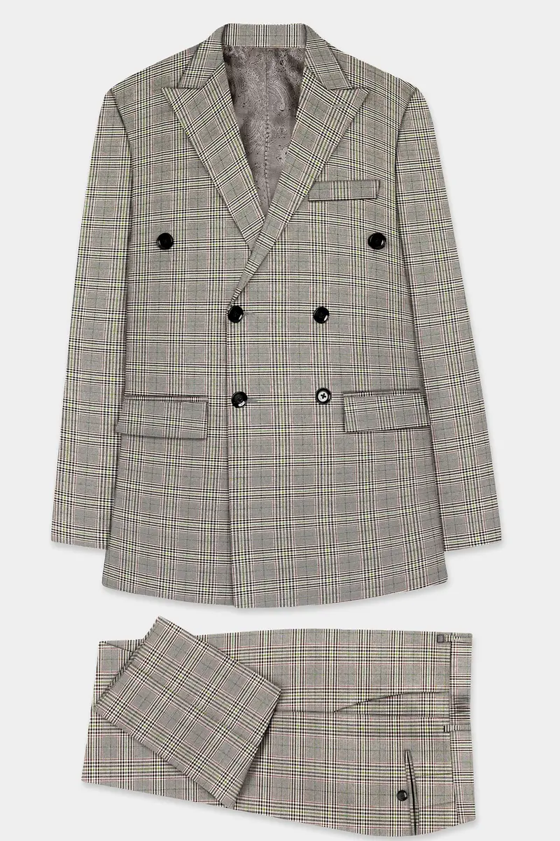 Café Noir Brown Plaid Wool Rich Double Breasted Suit 11