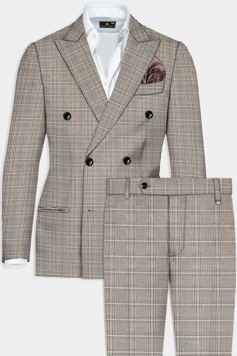 Café Noir Brown Plaid Wool Rich Double Breasted Suit 2