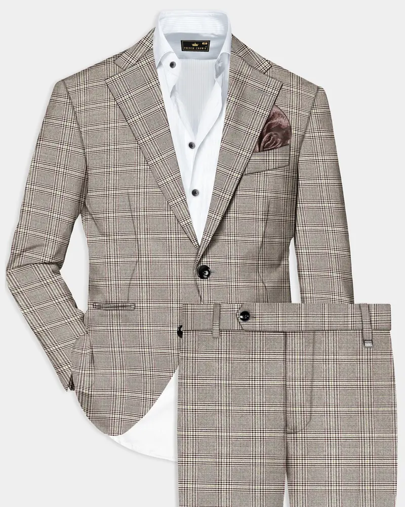 Café Noir Brown Plaid Wool Rich Single Breasted Suit 1