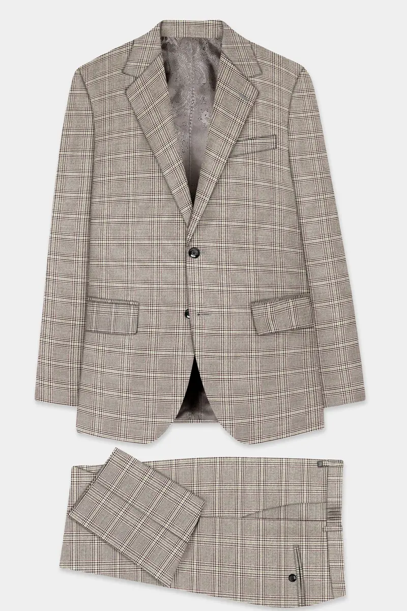 Café Noir Brown Plaid Wool Rich Single Breasted Suit 11