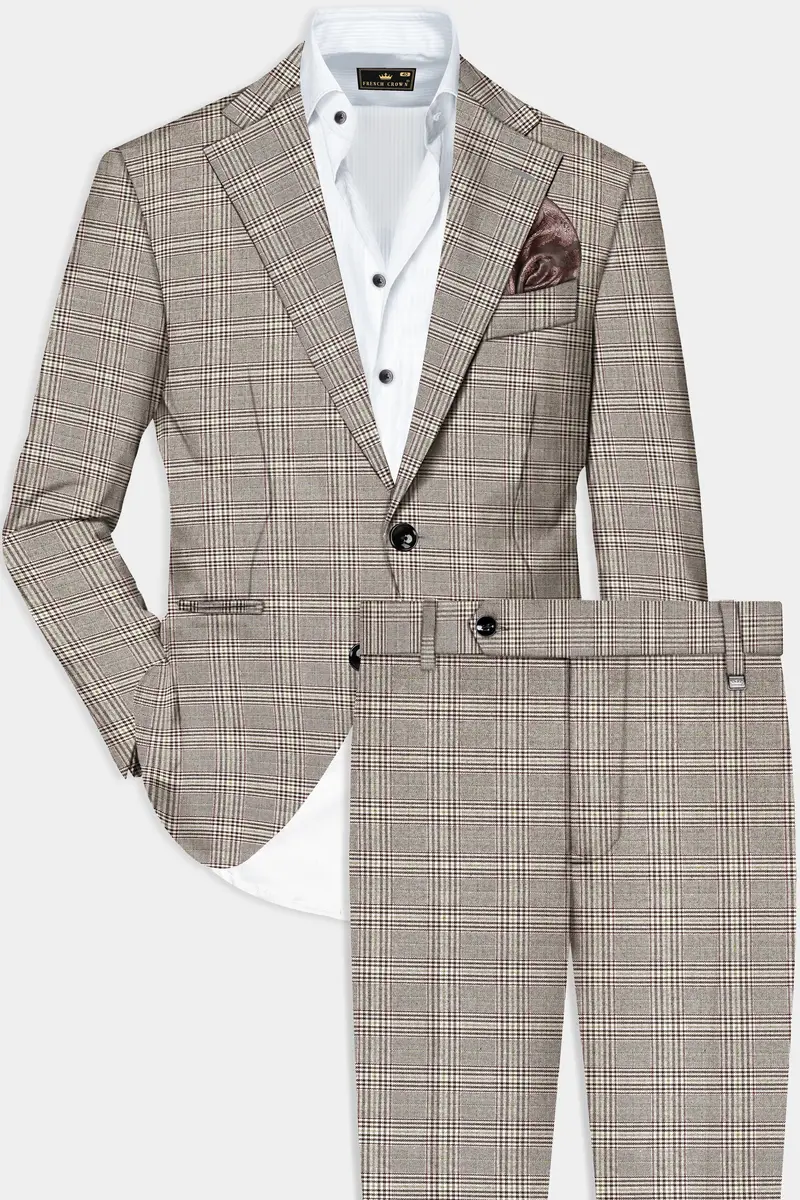 Café Noir Brown Plaid Wool Rich Single Breasted Suit 2