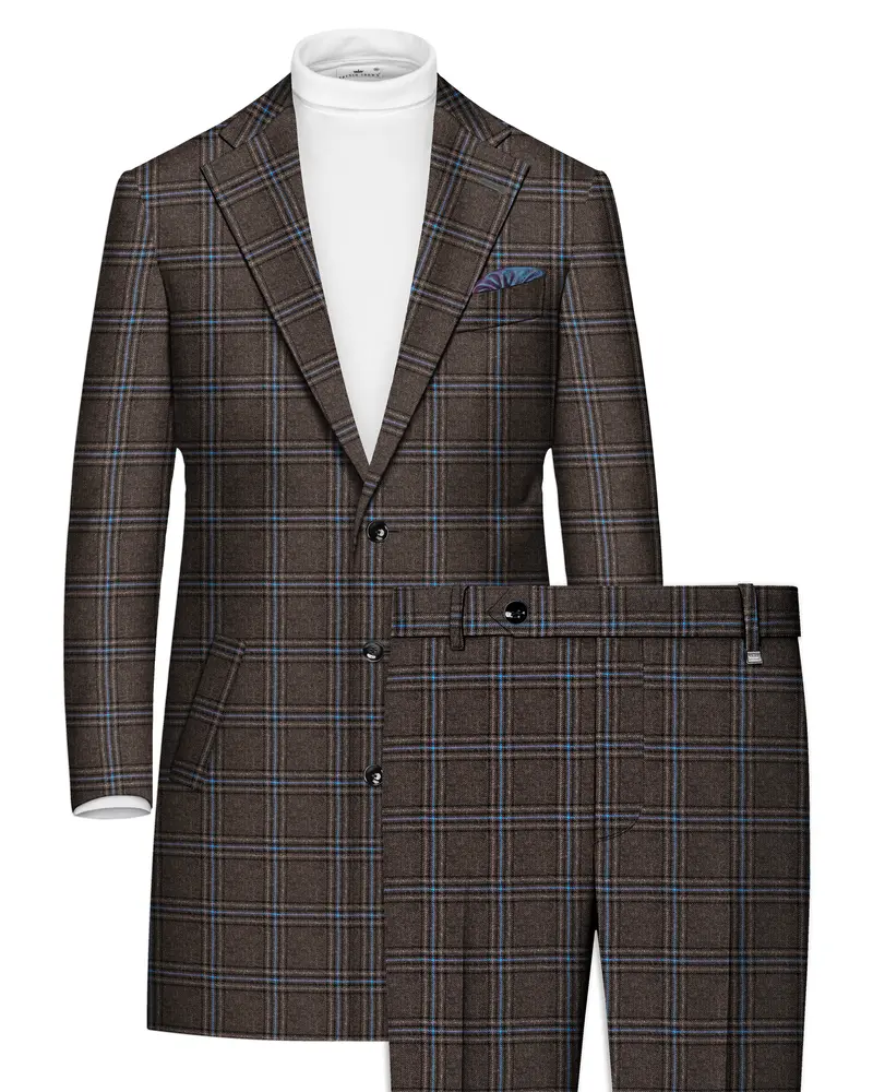 Cafreno-Armadillo Brown Plaid Single Breasted Overcoat With Pant 1