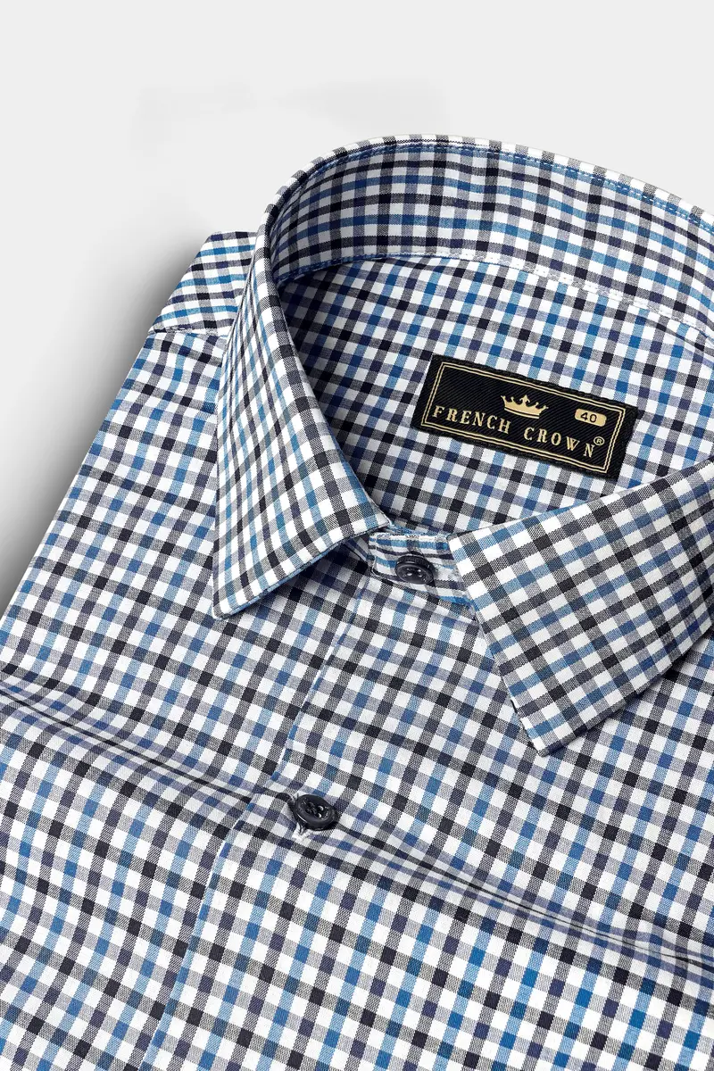 Calypso Blue And Bright White Checked Premium Giza Cotton Shirt 1
