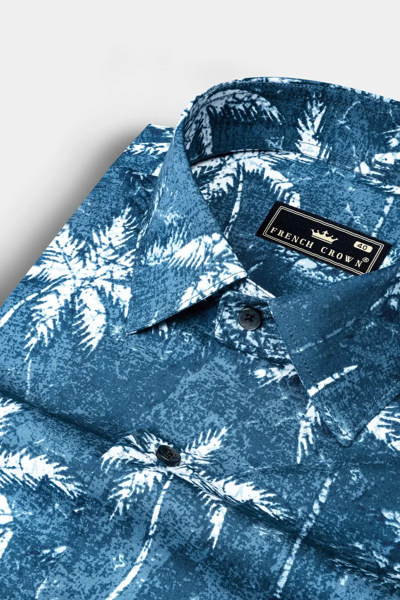 Calypso Blue With White Coconut Tree Printed Poplin Giza Cotton Shirt 1