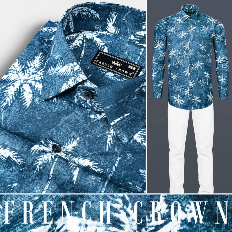 Calypso Blue With White Coconut Tree Printed Poplin Giza Cotton Shirt 10