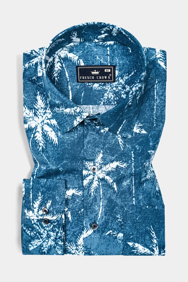 Calypso Blue With White Coconut Tree Printed Poplin Giza Cotton Shirt 3