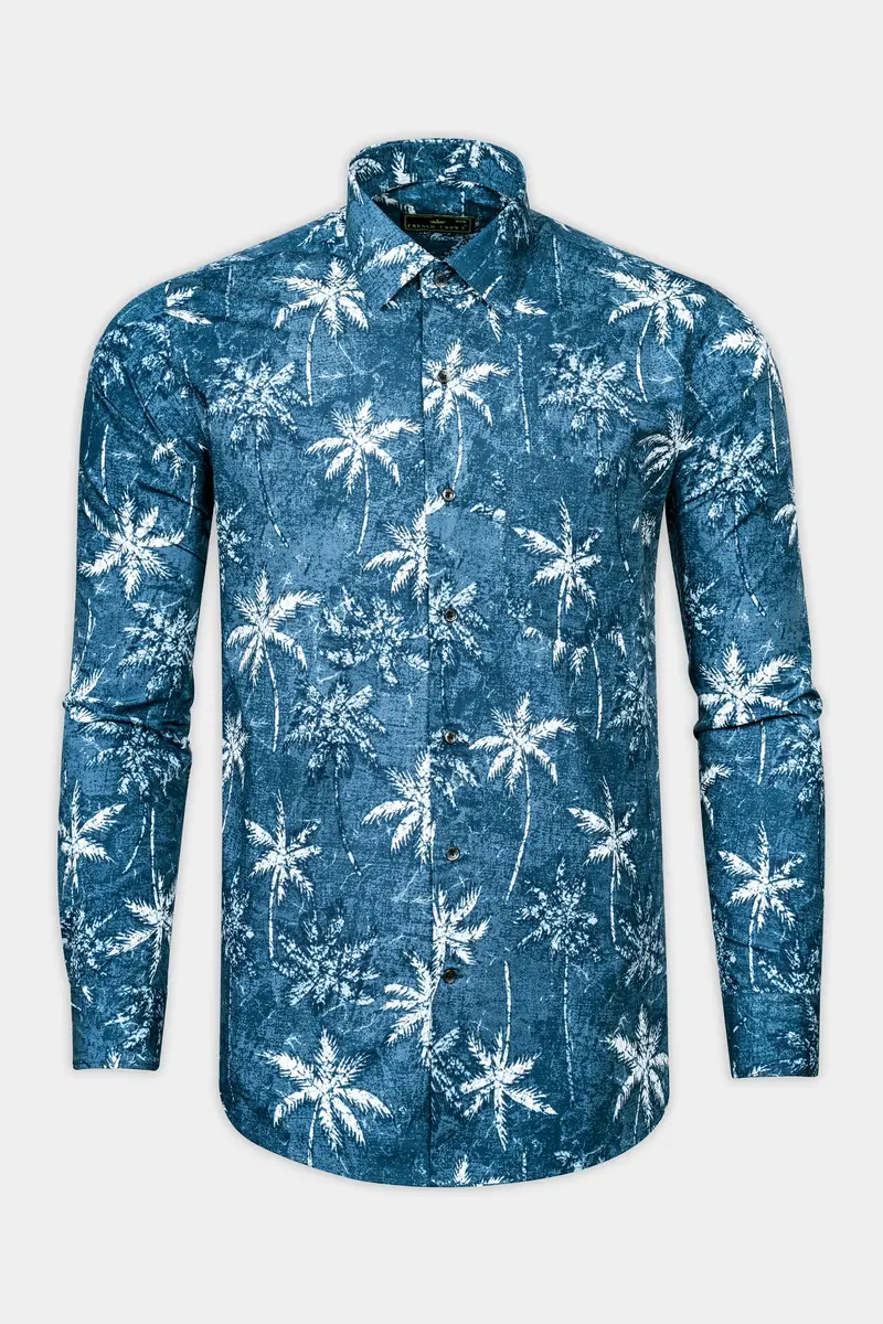 Calypso Blue With White Coconut Tree Printed Poplin Giza Cotton Shirt 4
