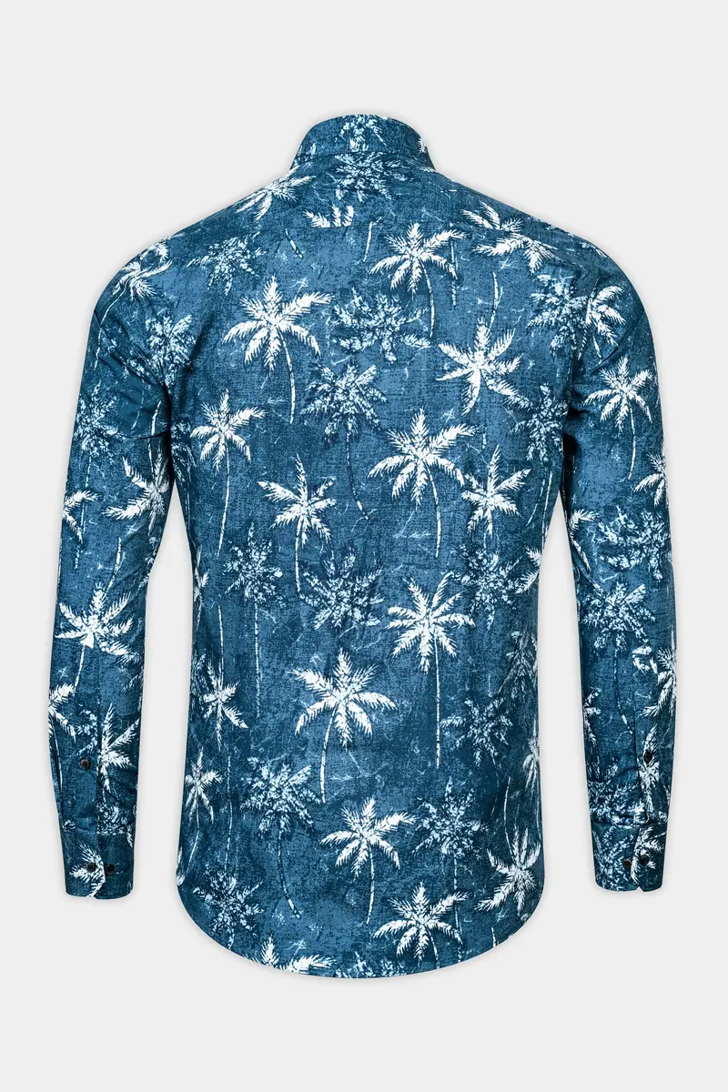Calypso Blue With White Coconut Tree Printed Poplin Giza Cotton Shirt 5