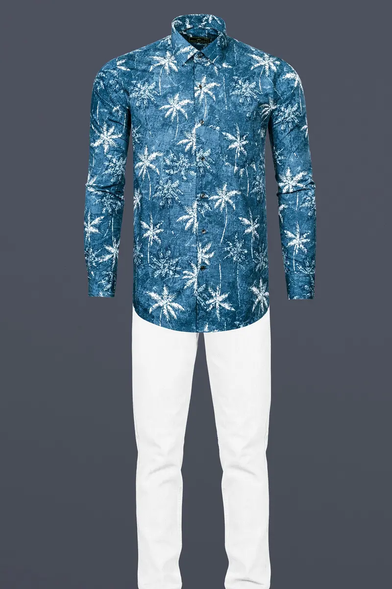 Calypso Blue With White Coconut Tree Printed Poplin Giza Cotton Shirt 6