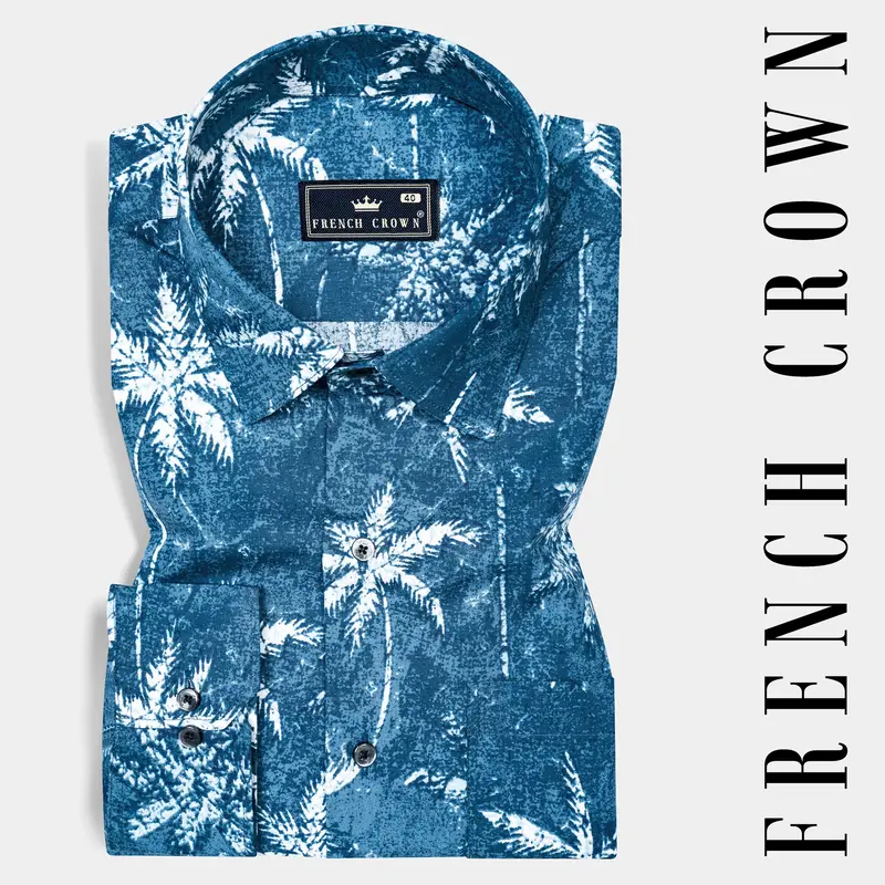 Calypso Blue With White Coconut Tree Printed Poplin Giza Cotton Shirt 7