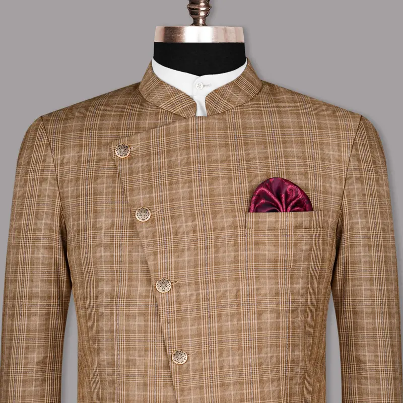 Camel Plaid Cross Placket Bandhgala/Mandarin Blazer 1