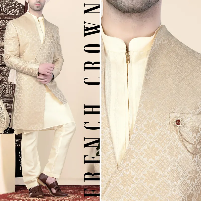 Cameo Brown And Ecru Cream Jacquard Weave Indo-Western 1