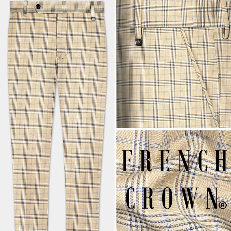 Cameo Cream Plaid Super Fine Wool Blend Stretchable Waistband Pant 1