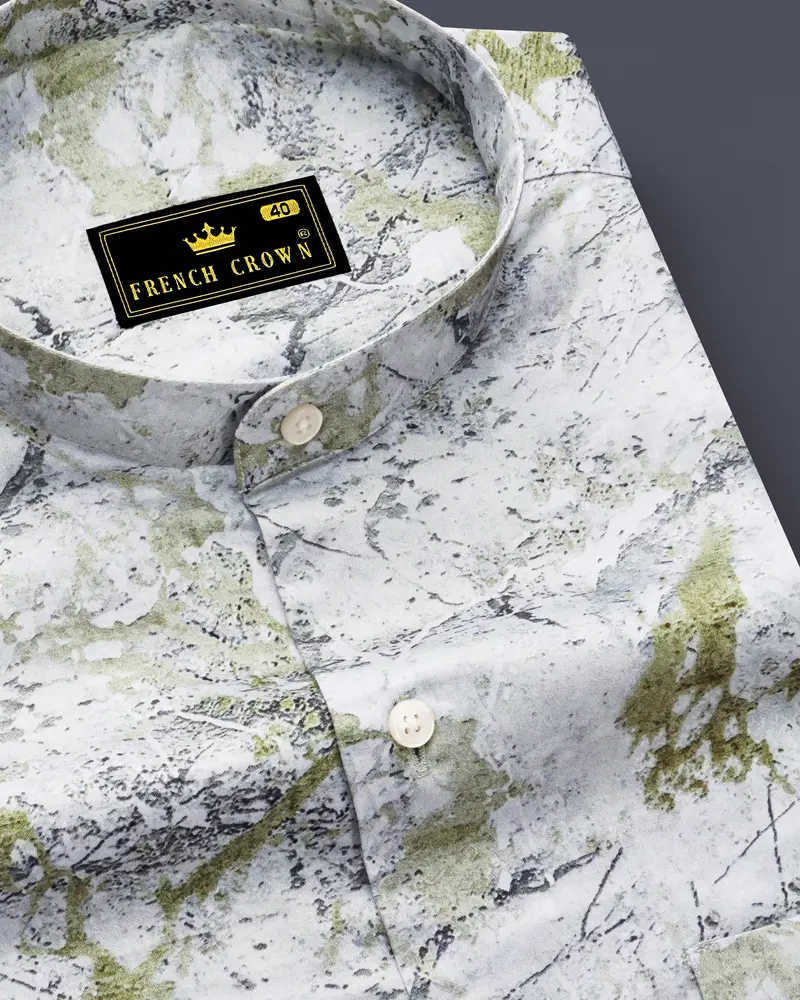 Camivor-Bright White With Camo Green Moss Marble Printed Subtle Sheen Super Soft Premium Cotton Casual Shirt 1