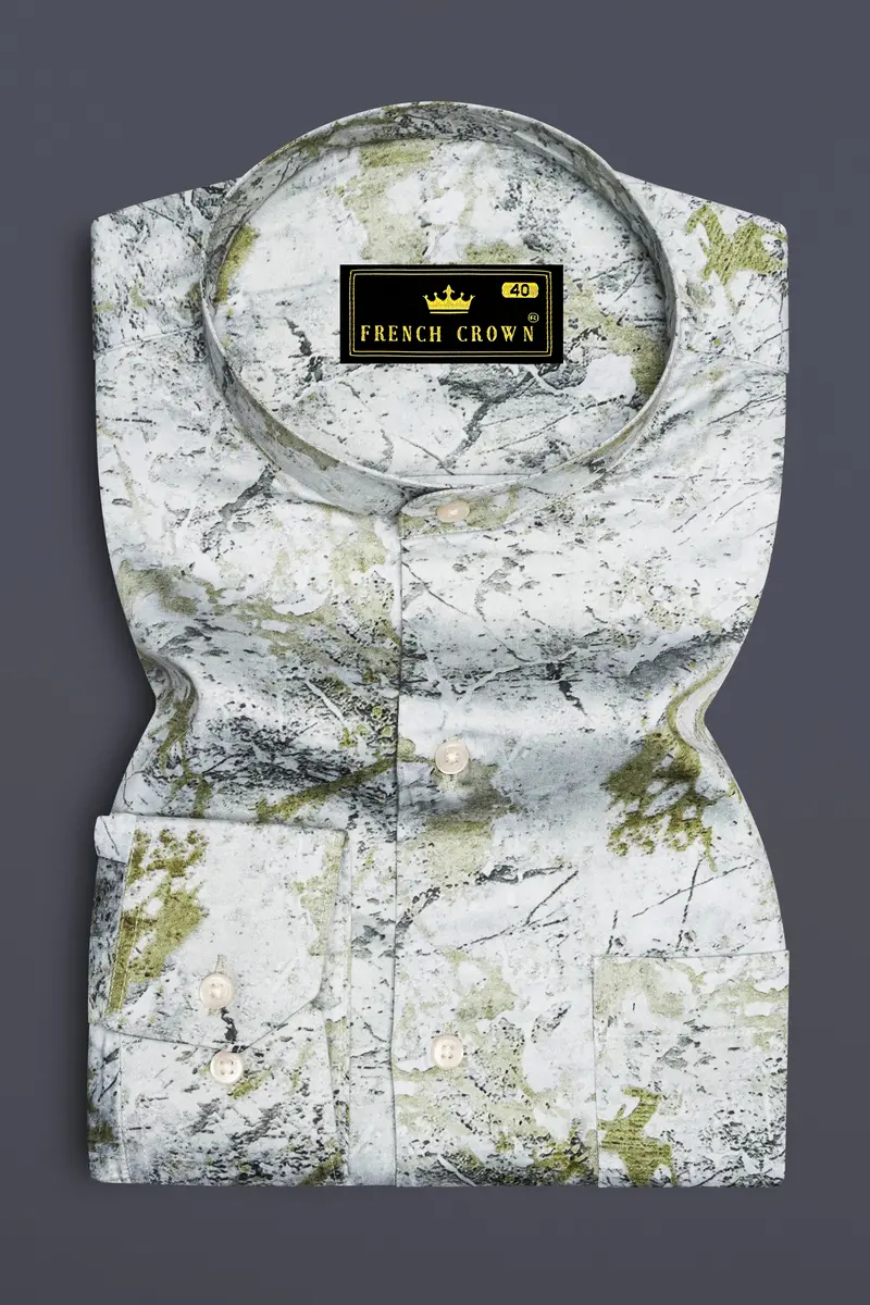 Camivor-Bright White With Camo Green Moss Marble Printed Subtle Sheen Super Soft Premium Cotton Casual Shirt 4