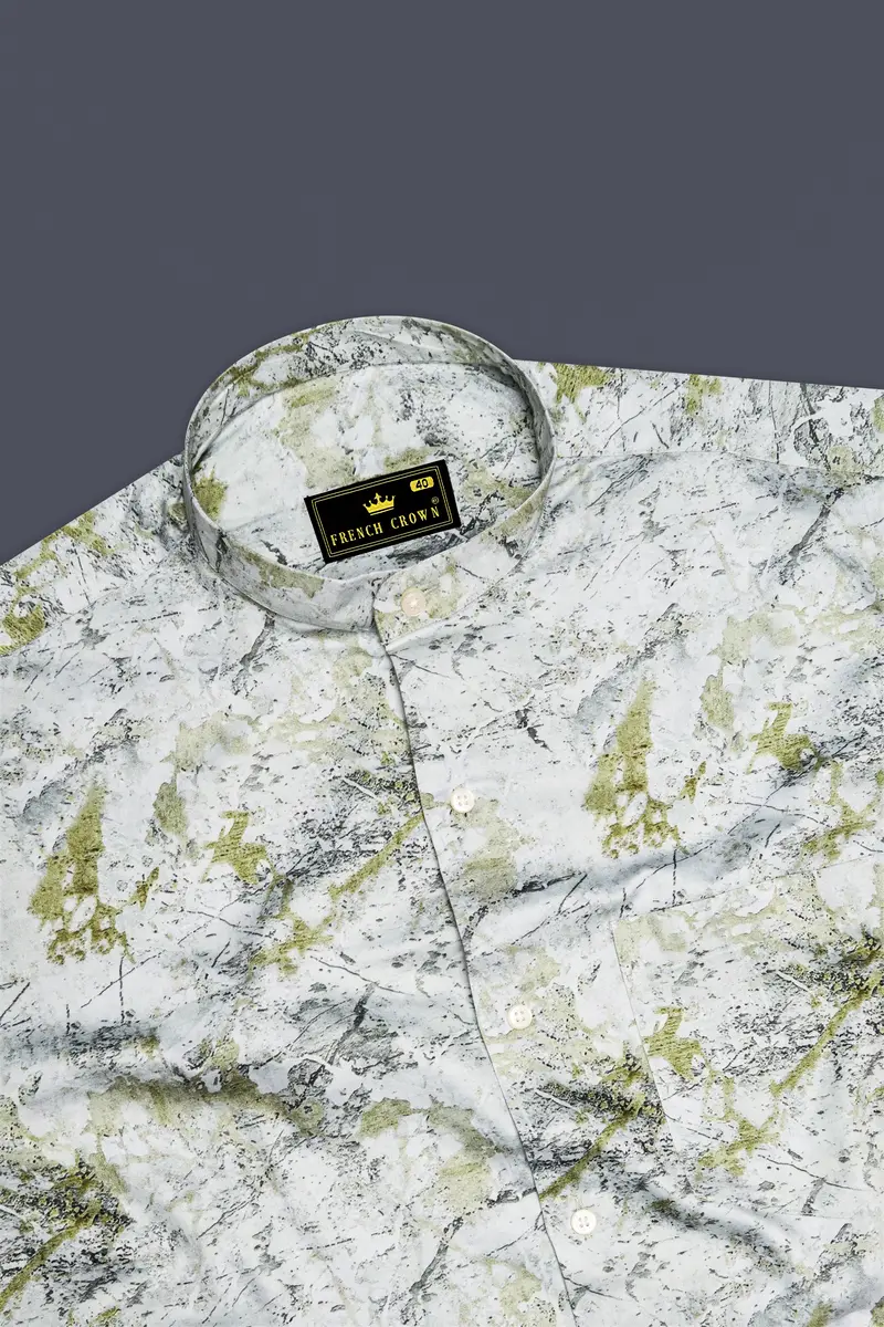 Camivor-Bright White With Camo Green Moss Marble Printed Subtle Sheen Super Soft Premium Cotton Casual Shirt 5
